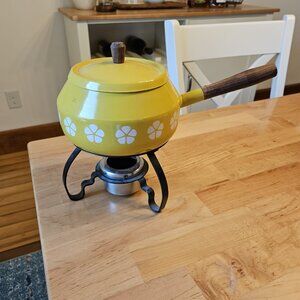 Fondue Pot MCM Yellow Flower with Stand Campstove Made in Japan